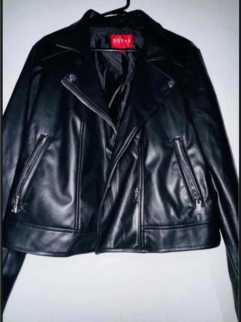 GUESS Black Faux Leather Moto Jacket with Zip Details